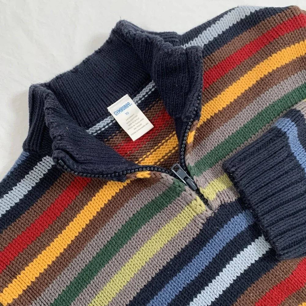 Gymboree Boys Size 10 Striped‎ Cotton Knit Sweater Multi-Color Quarter Zip EUC